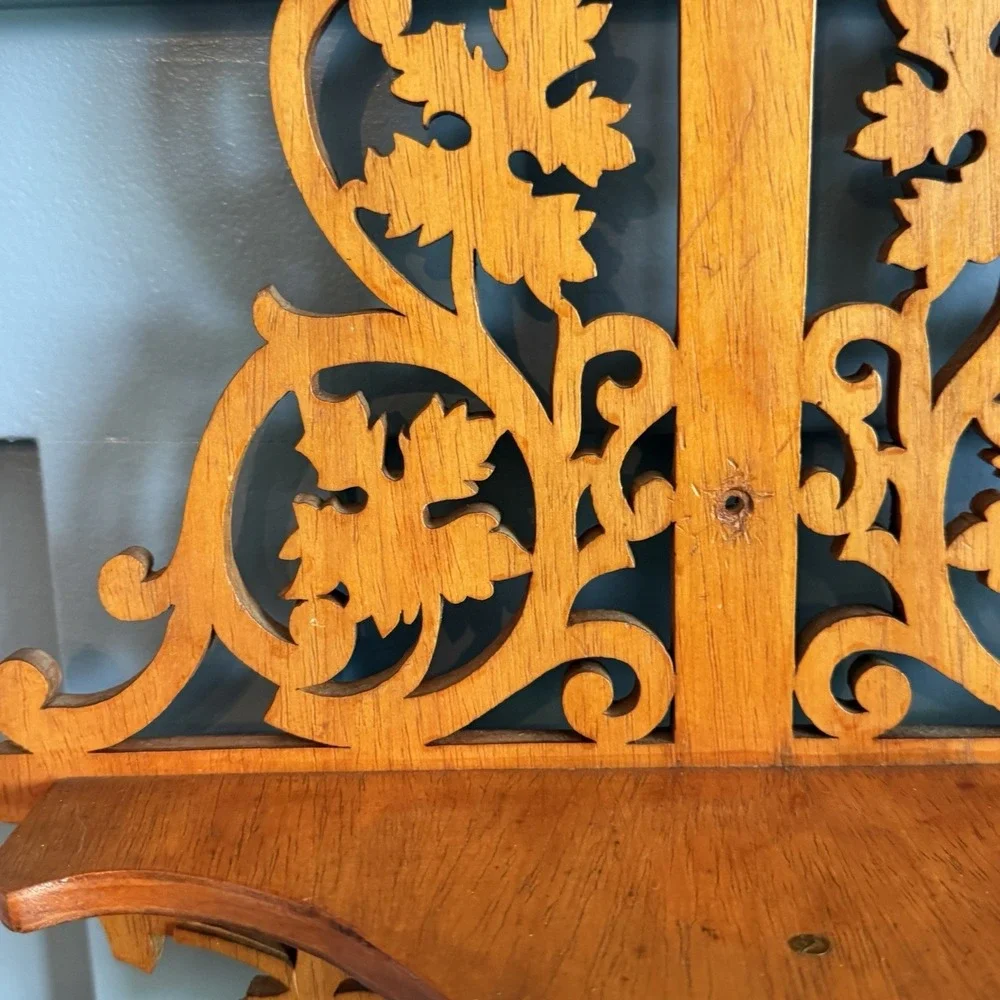 Vintage Hand Carved Wood Wall Shelf Ornate Scrollwork Cottagecore Cross